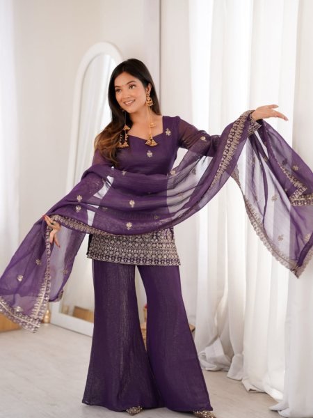 Royal Purple Ready to Wear Lavender Crunchy Silk Embroidered Kurti with Dupatta 3 Piece Kurti Set