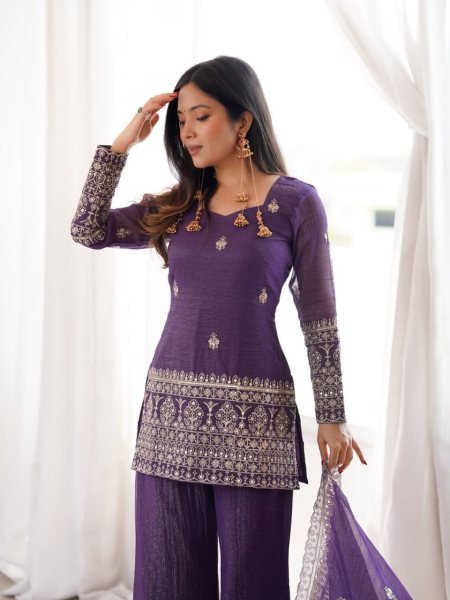 Royal Purple Ready to Wear Lavender Crunchy Silk Embroidered Kurti with Dupatta 3 Piece Kurti Set