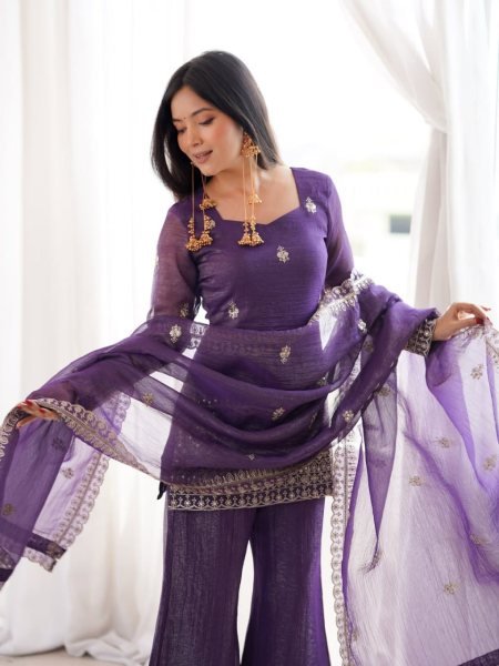 Royal Purple Ready to Wear Lavender Crunchy Silk Embroidered Kurti with Dupatta 3 Piece Kurti Set