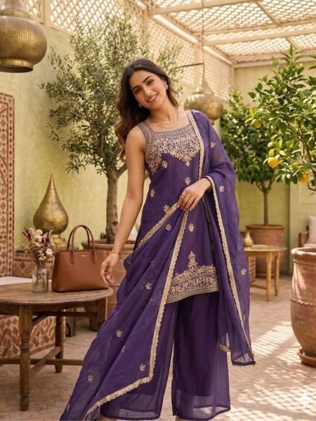 Royal Purple Reseller Friendly Rangoli Crush Kurti Palazzo And Dupatta With Heavy Embroidered Ready To Wear Suit