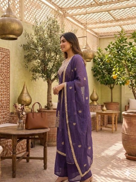 Royal Purple Reseller Friendly Rangoli Crush Kurti Palazzo And Dupatta With Heavy Embroidered Ready To Wear Collection