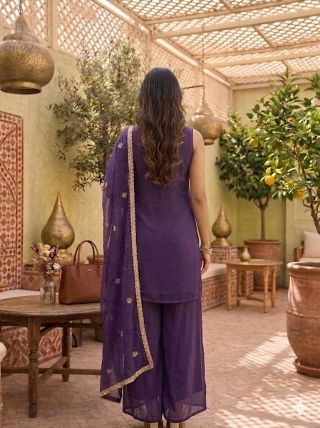 Royal Purple Reseller Friendly Rangoli Crush Kurti Palazzo And Dupatta With Heavy Embroidered Ready To Wear Collection