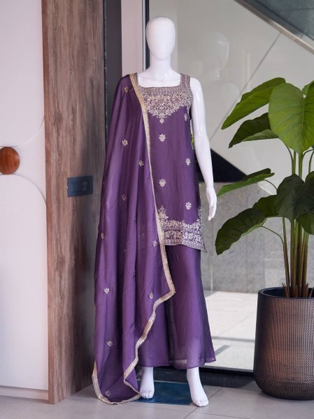 Royal Purple Reseller Friendly Rangoli Crush Kurti Palazzo And Dupatta With Heavy Embroidered Ready To Wear Collection