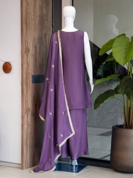Royal Purple Reseller Friendly Rangoli Crush Kurti Palazzo And Dupatta With Heavy Embroidered Ready To Wear Collection