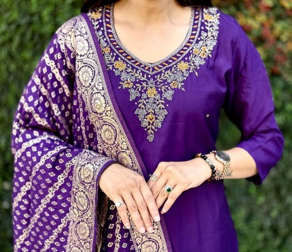 Royal Purple Roman Silk Fully Stitched Suit With Jacquard Dupatta Ready to Wear 3 Piece Kurti Set