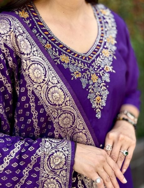 Royal Purple Roman Silk Fully Stitched Suit With Jacquard Dupatta Ready to Wear 3 Piece Kurti Set