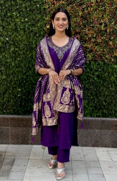 Royal Purple Roman Silk Fully Stitched Suit With Jacquard Dupatta Ready to Wear 3 Piece Kurti Set