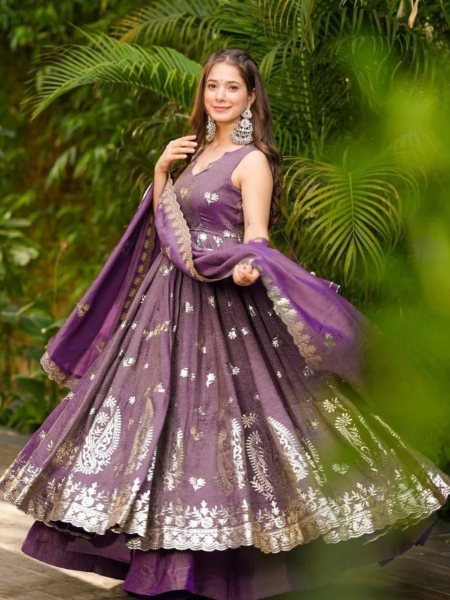 Royal Purple Roman Silk Gown Set with Gold Embroidery &  Dupatta Effortless Festive Glam Kurtis