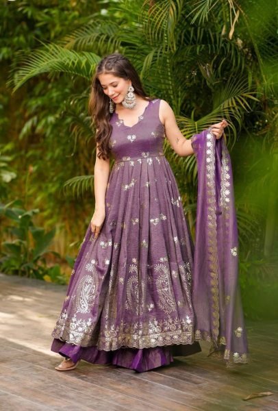 Royal Purple Roman Silk Gown Set with Gold Embroidery &  Dupatta Effortless Festive Glam Anarkali Kurtis 