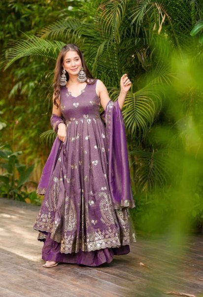 Royal Purple Roman Silk Gown Set with Gold Embroidery &  Dupatta Effortless Festive Glam Anarkali Kurtis 