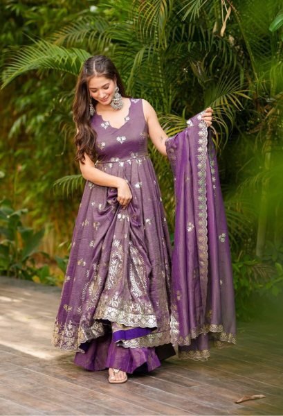Royal Purple Roman Silk Gown Set with Gold Embroidery &  Dupatta Effortless Festive Glam Anarkali Kurtis 