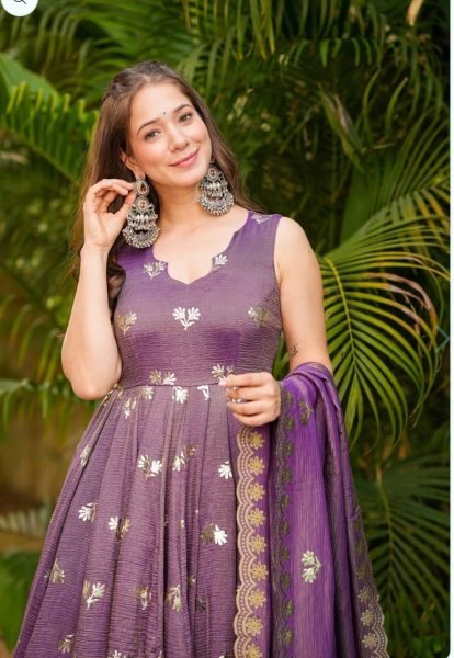 Royal Purple Roman Silk Gown Set with Gold Embroidery &  Dupatta Effortless Festive Glam Anarkali Kurtis 