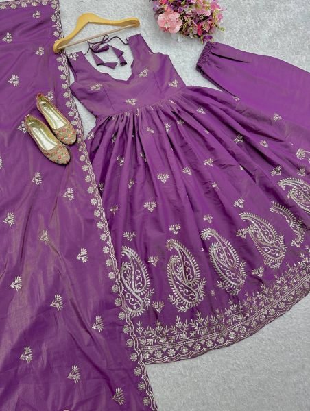 Royal Purple Roman Silk Gown Set with Gold Embroidery &  Dupatta Effortless Festive Glam Anarkali Kurtis 