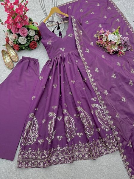 Royal Purple Roman Silk Gown Set with Gold Embroidery &  Dupatta Effortless Festive Glam Anarkali Kurtis 