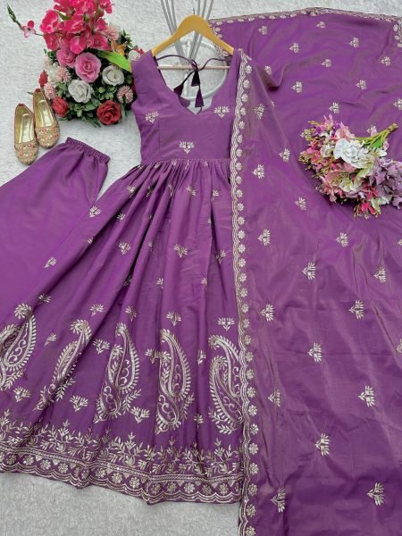 Royal Purple Roman Silk Gown Set with Gold Embroidery &  Dupatta Effortless Festive Glam Anarkali Kurtis 