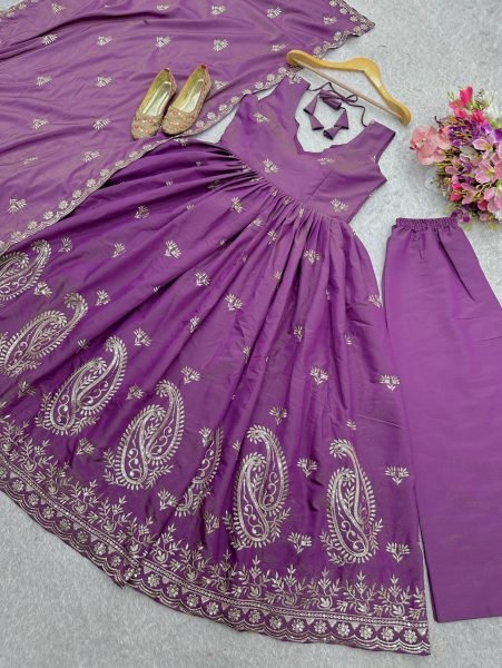 Royal Purple Roman Silk Gown Set with Gold Embroidery &  Dupatta Effortless Festive Glam Anarkali Kurtis 