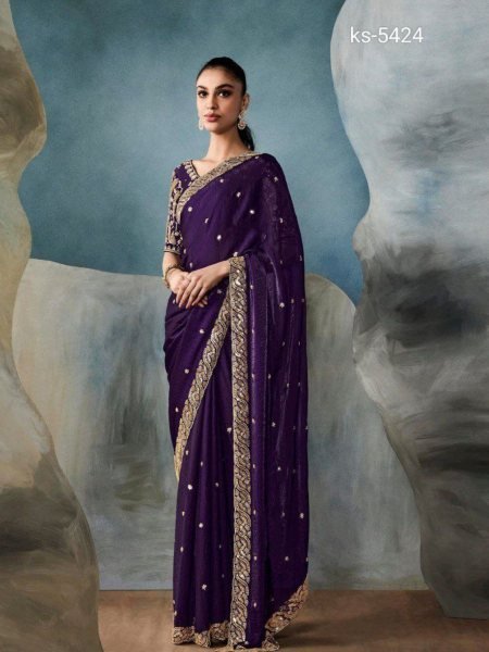 Royal Purple Silk Saree with Sequin Zari  & Cutwork Wedding Ready Elegance Sarees 