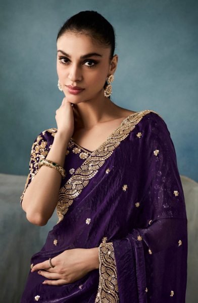Royal Purple Silk Saree with Sequin Zari  & Cutwork Wedding Ready Elegance Designer Wedding Sarees Wholesale