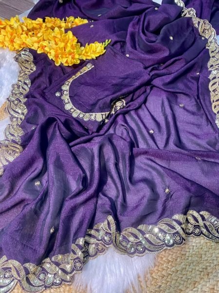 Royal Purple Silk Saree with Sequin Zari  & Cutwork Wedding Ready Elegance Designer Wedding Sarees Wholesale