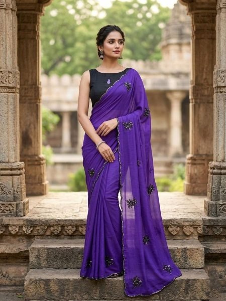 Royal Purple Soft Georgette Silk Saree with Embroidered Floral Design