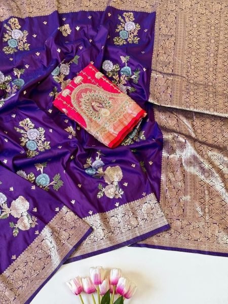 Royal Purple Soft Silk Floral Woven Saree with Designer Beads Work Blouse 