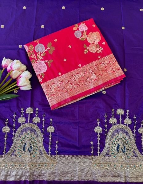 Royal Purple Soft Silk Floral Woven Saree with Designer Beads Work Blouse Silk Sarees Wholesale