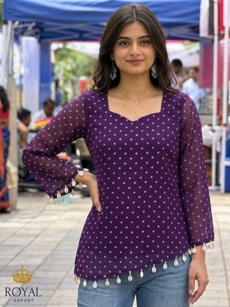 Royal Purple Sweetheart Neck Georgette Kurti with Koti Border Detailing For Daily Wear Kurtis