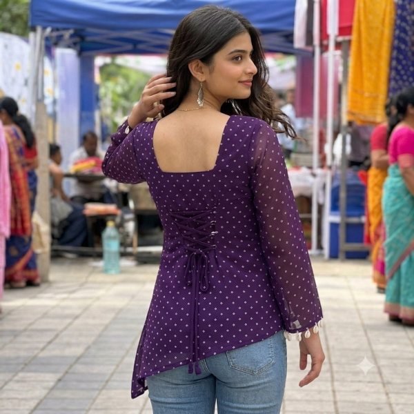 Royal Purple Sweetheart Neck Georgette Kurti with Koti Border Detailing For Daily Wear Tunics kurti