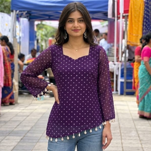 Royal Purple Sweetheart Neck Georgette Kurti with Koti Border Detailing For Daily Wear Tunics kurti