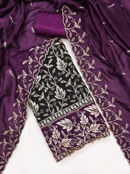 Royal Purple Vichitra Silk Suit with Heavy Embroidery and Dupatta for Resellers Color Set Matching Dress Material Wholesale
