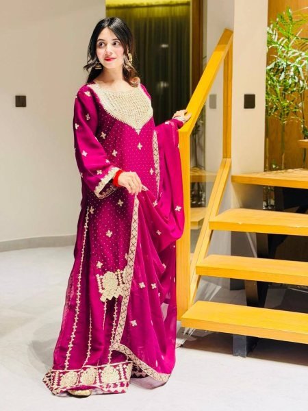 Royal Rani Pink Fox Georgette Embroidered Sharara Set for Women Ready To Wear Suit