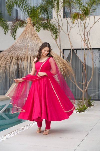 Royal Rani Pink Pure Roman silk Chanderi Anarkali Set with Dupatta and Pant Anarkali Kurtis 