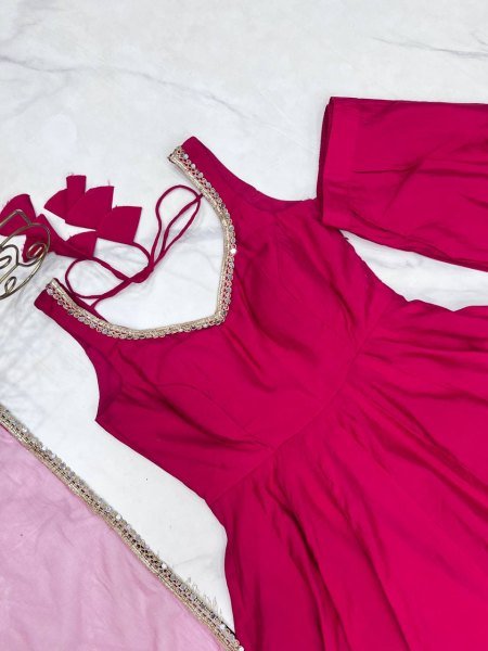 Royal Rani Pink Pure Roman silk Chanderi Anarkali Set with Dupatta and Pant Anarkali Kurtis 