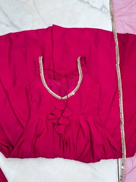Royal Rani Pink Pure Roman silk Chanderi Anarkali Set with Dupatta and Pant Anarkali Kurtis 
