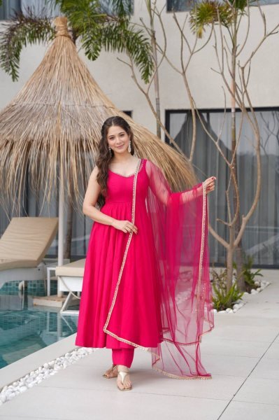 Royal Rani Pink Pure Roman silk Chanderi Anarkali Set with Dupatta and Pant Anarkali Kurtis 