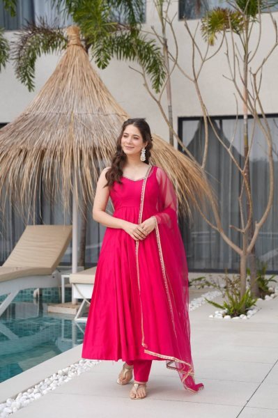Royal Rani Pink Pure Roman silk Chanderi Anarkali Set with Dupatta and Pant Anarkali Kurtis 