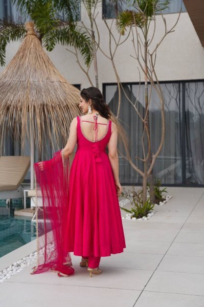 Royal Rani Pink Pure Roman silk Chanderi Anarkali Set with Dupatta and Pant Anarkali Kurtis 