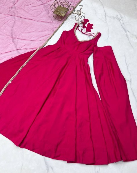 Royal Rani Pink Pure Roman silk Chanderi Anarkali Set with Dupatta and Pant Anarkali Kurtis 