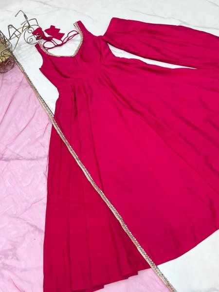 Royal Rani Pink Pure Roman silk Chanderi Anarkali Set with Dupatta and Pant Anarkali Kurtis 