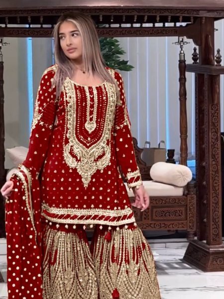 Royal Red Embroidered Georgette Sharara Suit Pakistani Wedding Look  Ready To Wear Suit