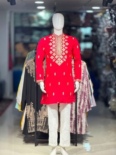 Royal Red Embroidered Men’s Kurta Pajama Set with Premium Neck Work At Direct Factory Price 