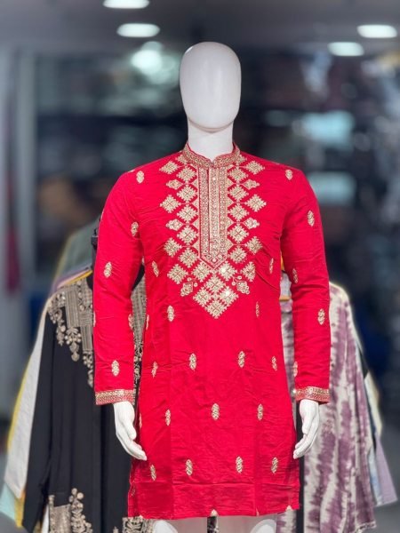 Royal Red Embroidered Men’s Kurta Pajama Set with Premium Neck Work At Direct Factory Price Mens Short Kurta