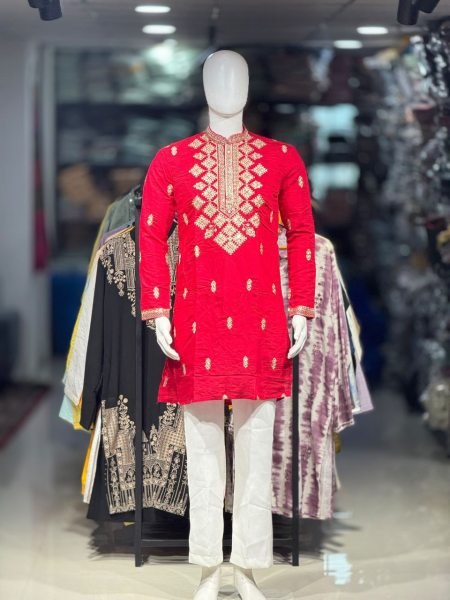 Royal Red Embroidered Men’s Kurta Pajama Set with Premium Neck Work At Direct Factory Price Mens Short Kurta