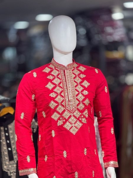 Royal Red Embroidered Men’s Kurta Pajama Set with Premium Neck Work At Direct Factory Price Mens Short Kurta