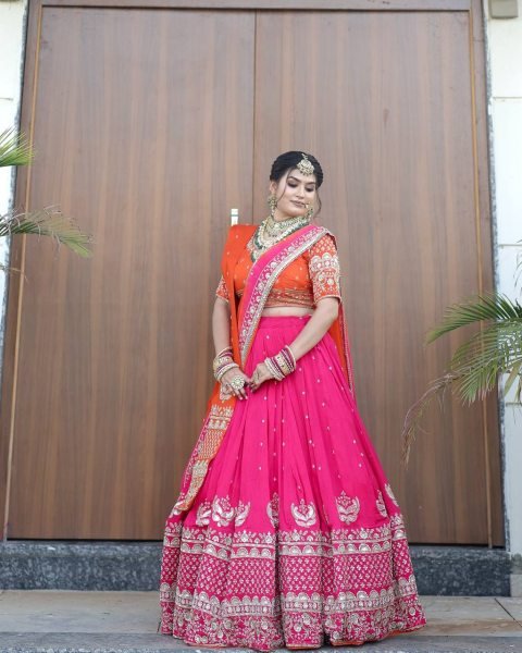 Royal Red  & Rani Look Dual Dupatta Georgette Lehenga Made for the Modern Bride Designer Lehenga Choli