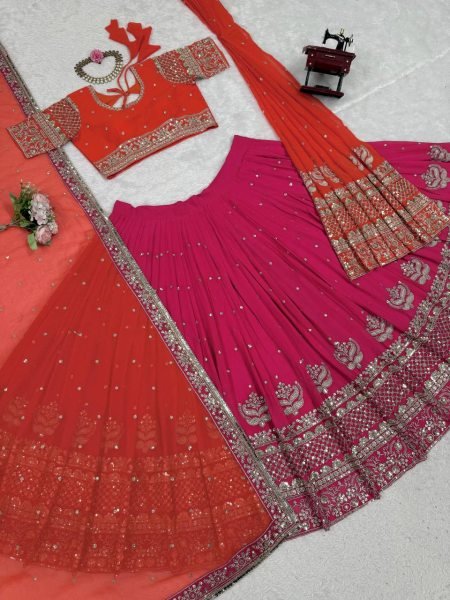 Royal Red  & Rani Look Dual Dupatta Georgette Lehenga Made for the Modern Bride Designer Lehenga Choli