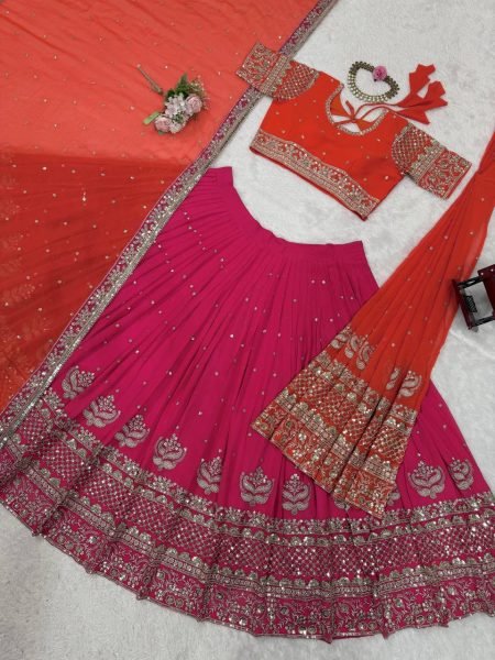 Royal Red  & Rani Look Dual Dupatta Georgette Lehenga Made for the Modern Bride Designer Lehenga Choli