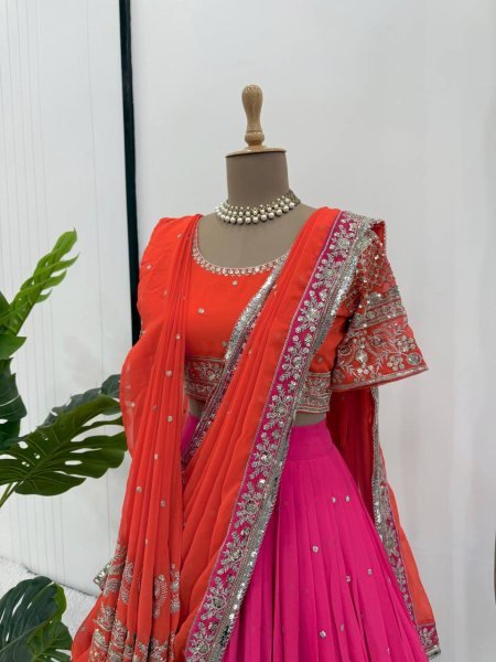 Royal Red  & Rani Look Dual Dupatta Georgette Lehenga Made for the Modern Bride Designer Lehenga Choli