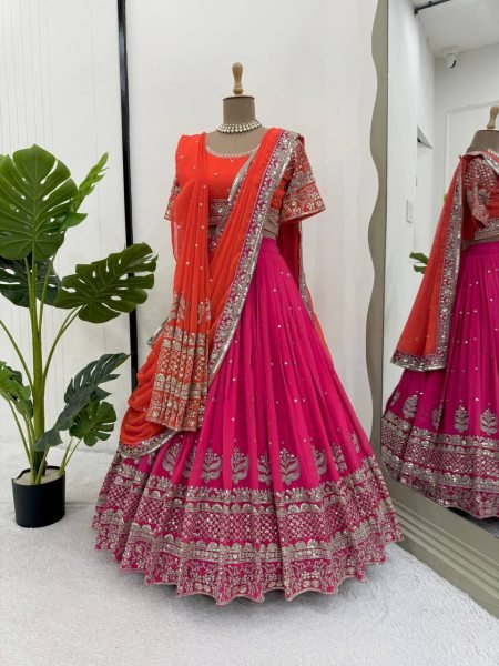 Royal Red  & Rani Look Dual Dupatta Georgette Lehenga Made for the Modern Bride Designer Lehenga Choli