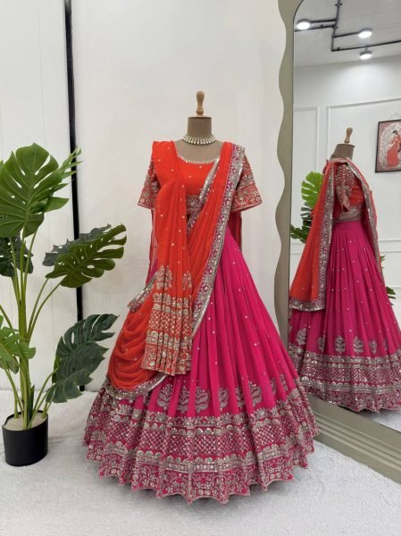Royal Red  & Rani Look Dual Dupatta Georgette Lehenga Made for the Modern Bride Designer Lehenga Choli